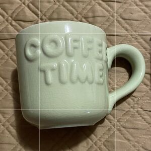 $12   Light green “COFFEE TIME” mug, size in pics, not chips.  Heavy